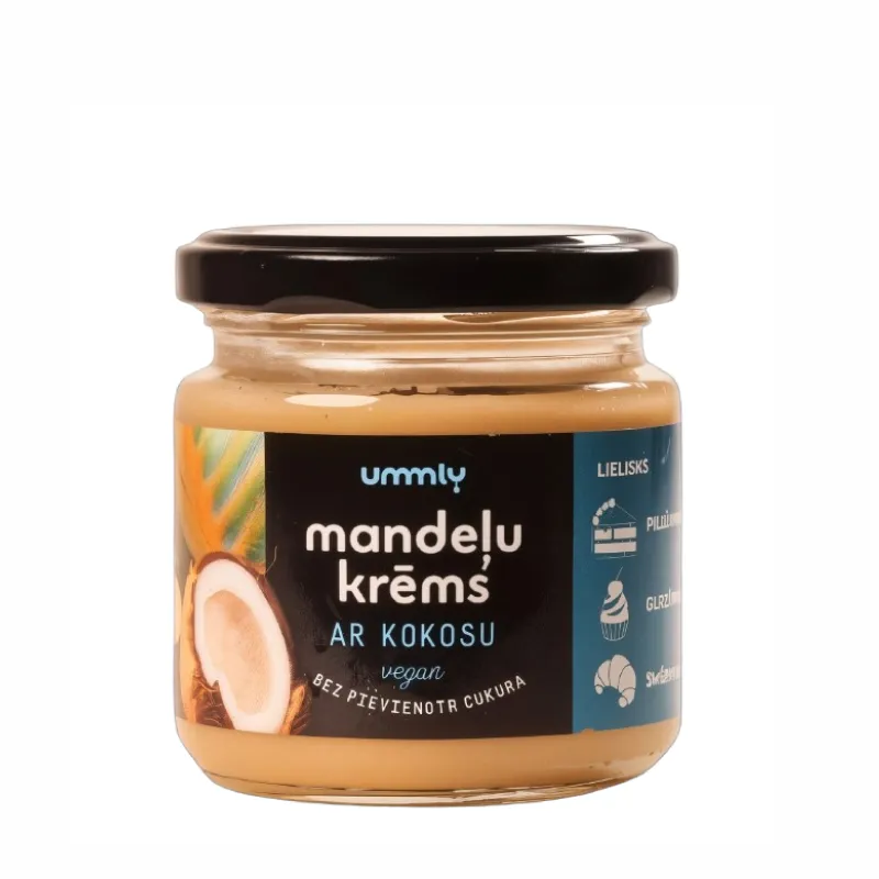 mandeļu krēms ar kokosa skaidiņām vegāns bez cukura glutēna laktozes produkts